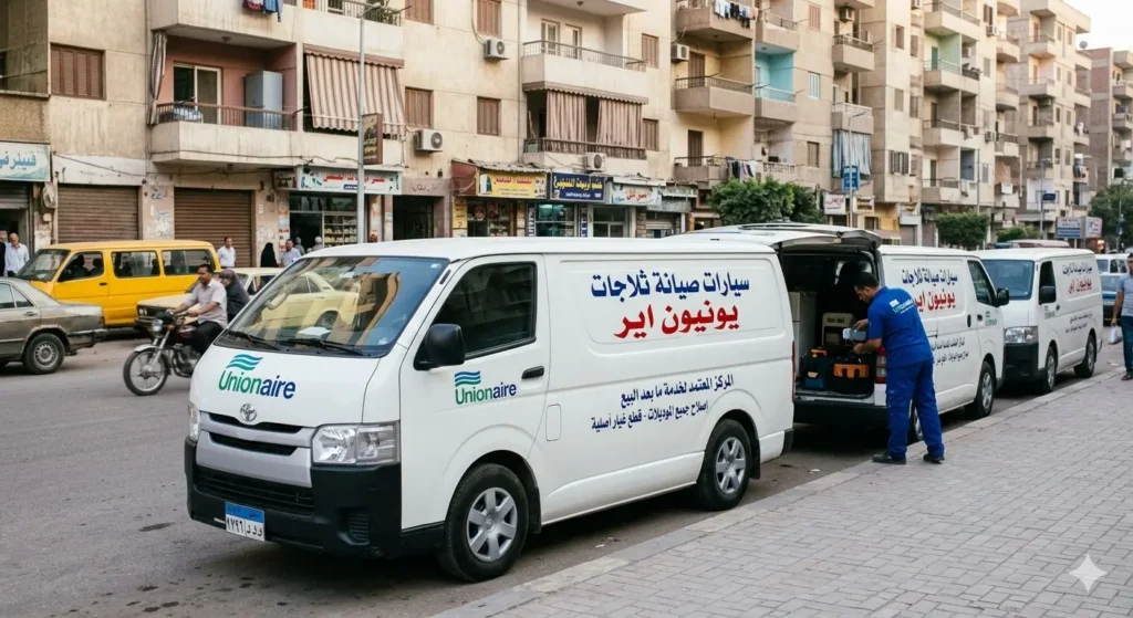 فني صيانة يقوم بوضع معدات الاصلاح داخل سيارة الخدمة