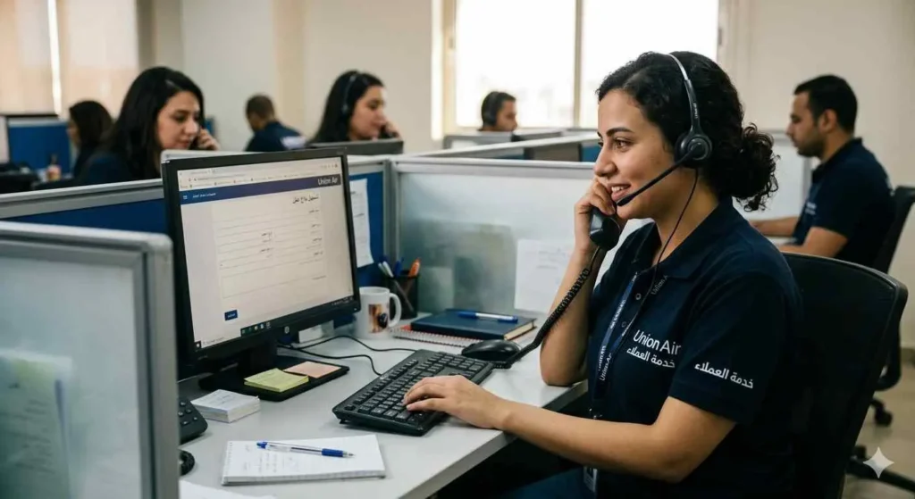 موظفة خدمة العملاء تقوم بتسجيل بلاغات الاعطال.