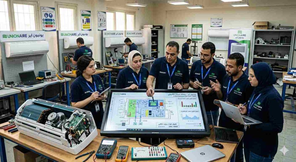 صورة توضيحية حول فريق صيانة الاجهزة المنزلية حيث يقومون بتحديد خطوط مسار سيارات الخدمة على الخريطه قبل الانطلاق بالشرقية