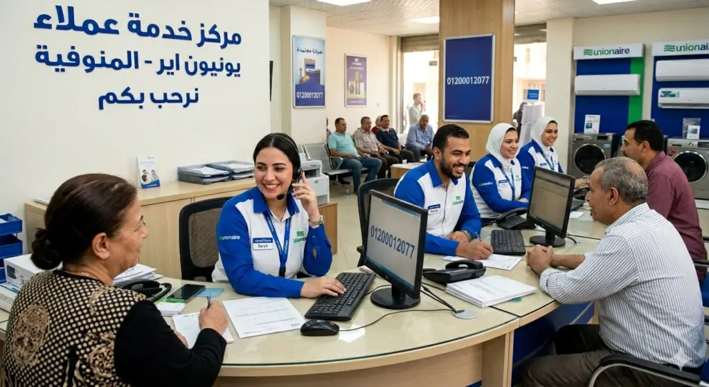 صورة توضيحية حول مقر خدمة عملاء يونيون اير في المنوفية، حيث موظفة الكول سنتر تتلقى بلاغات الاعطال.