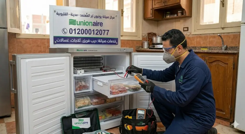 صورة توضيحية حول فني صيانة يقوم بفحص ديب فريزر ادراج