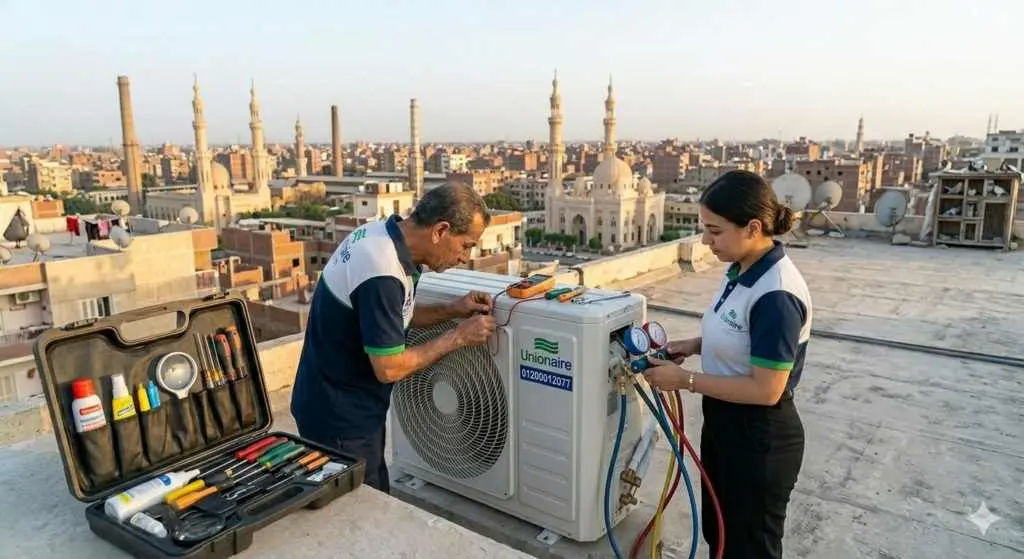 صورة توضيحية حول فنيين صيانة يقومون بفحص اعطال تكييف يونيون اير