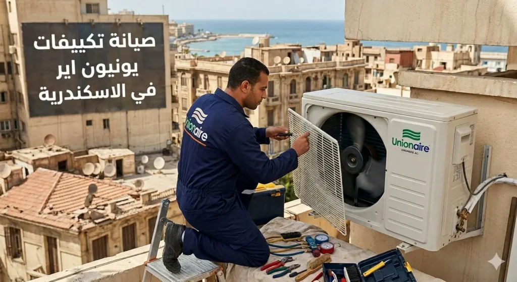 فني صيانة تكييفات يقوم بفحص تكييف يونيون اير