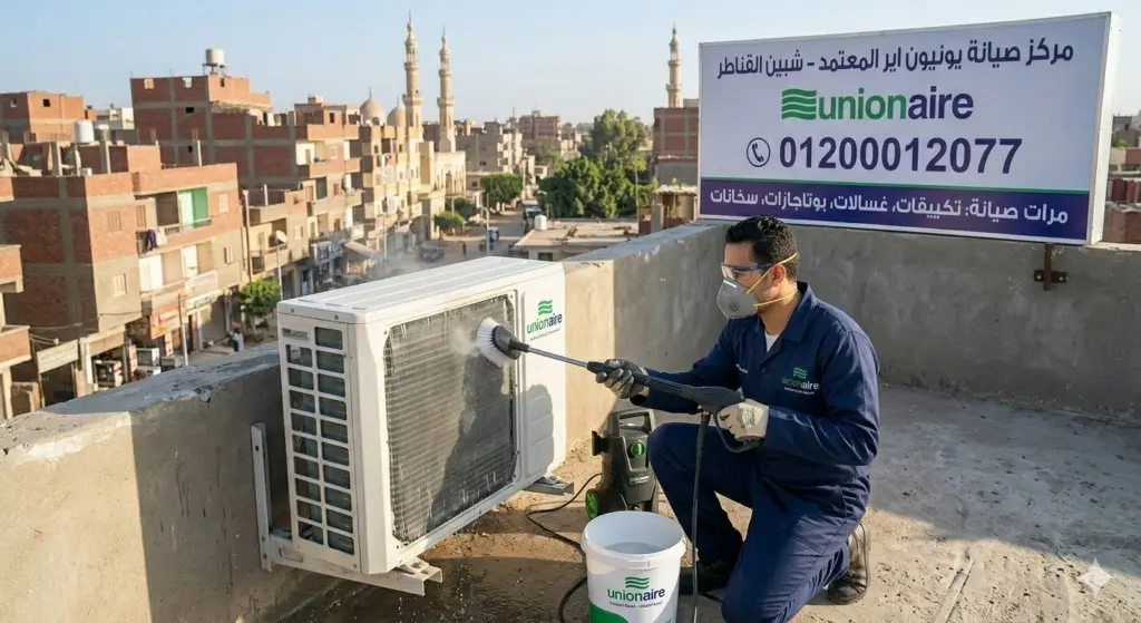 صورة توضيحية حول لقطة لفني صيانة تكييفات يونيون اير في القليوبية بمدينة شبين القناطر يستخدم مضخة مياه قوية لتنظيف الوحدة الخارجية وإزالة الأتربة العالقة.