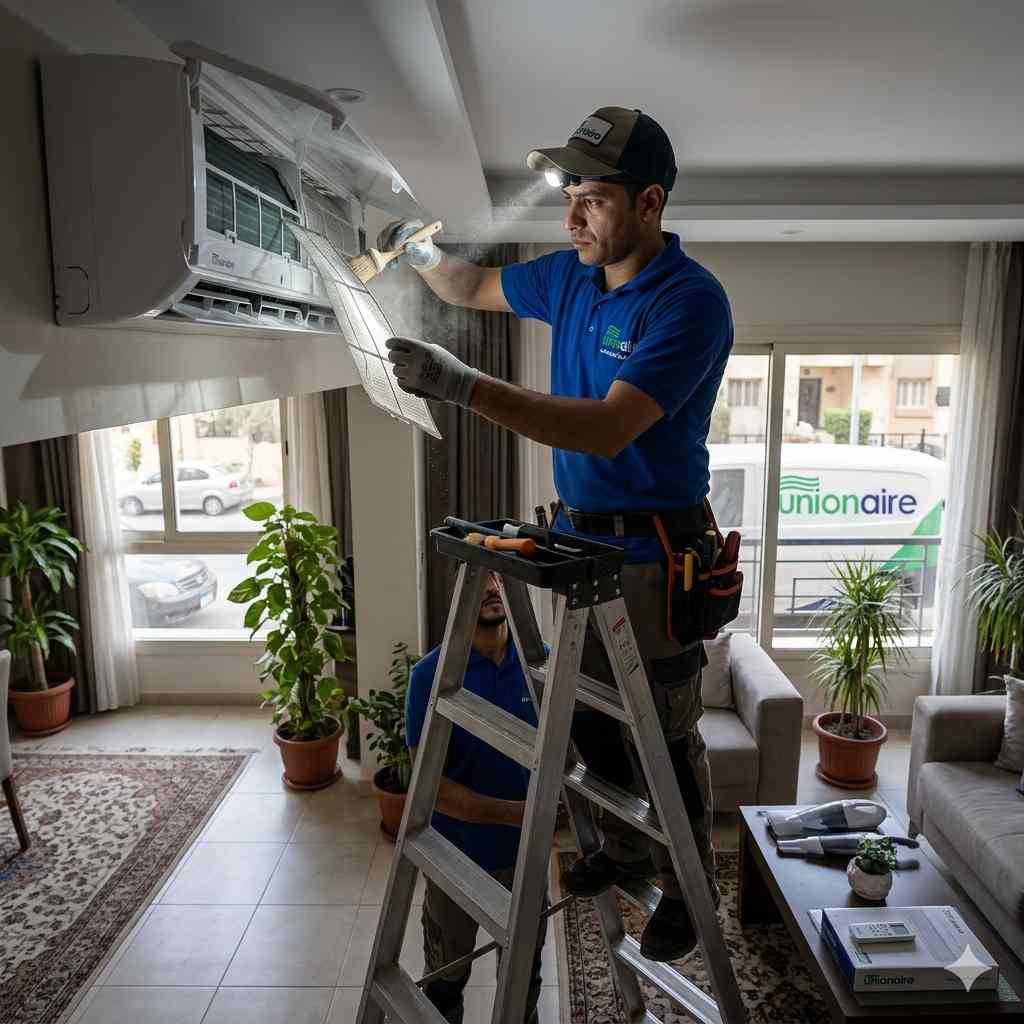 صورة توضيحية حول فني يقوم بفحص وتنظيف الوحدة الداخلية لتكييف بمنزل العميل وسيارة الخدمة بانتظارة في الخارج