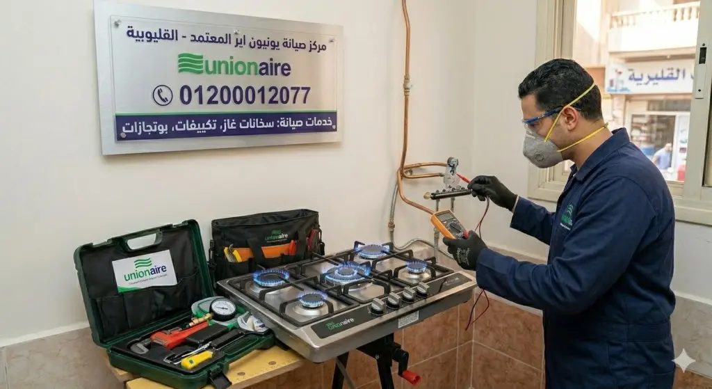 صورة توضيحية حول مهندس صيانة يختبر قوة لهب بوتاجاز Unionaire بعد تنظيف الفواني والتأكد من سلامة الوصلات الداخلية للغاز.