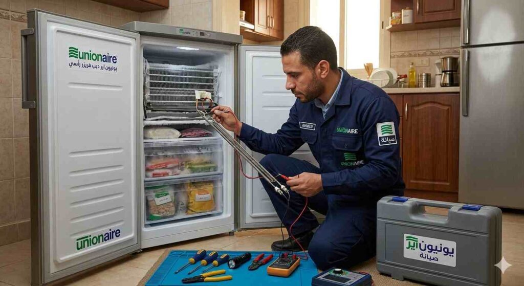 صورة توضيحية لفني يقوم بفحص سخان اذابة لديب فريزر ادراج مكدس بالطعام في مطبخ عميل