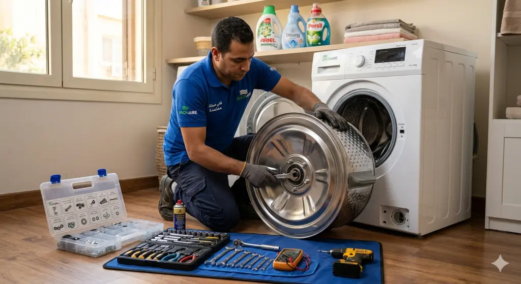 فني صيانة يقوم باصلاح غسالة ملابس