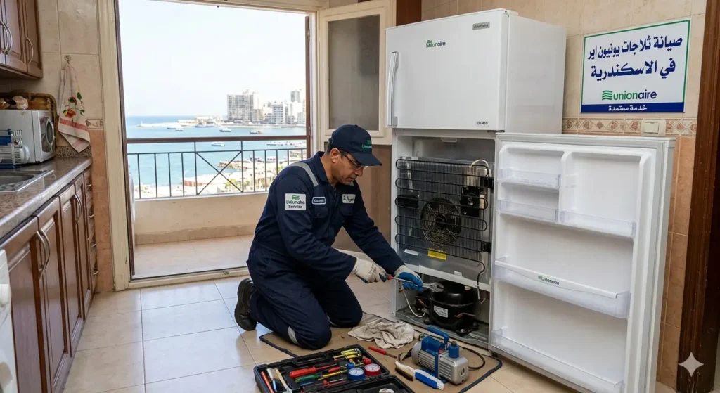 فني اصلاح اعطال الثلاجات يقوم بفحص ثلاجة.