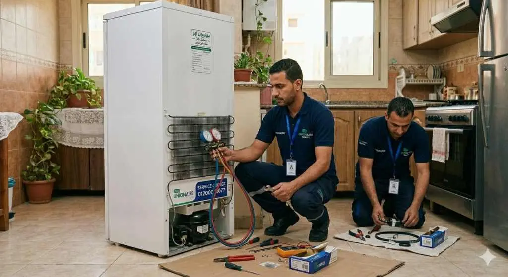 صورة توضيحية حول اثنين من فنيين صيانة الثلاجات يقومون بصيانة لثاجة منزلية