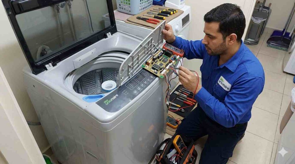 صورة فني صيانة يقوم بفحص غسالة في منزل العميل