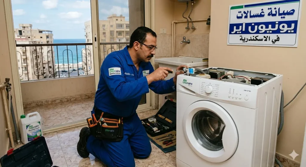 فني صيانة غسالات يقوم بفحص غسالة ملابس.
