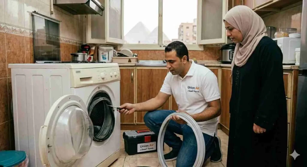 مهندس صيانة يقوم بتغيير كاوتشة باب الغسالة لعميل يونيون اير.