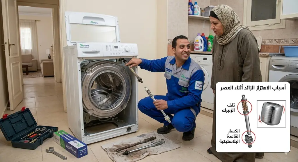 صورة توضيحية حول فني صيانة الغسالات يوضح للعميل سبب تلف مساعد الغسالة فوق اتوماتيك