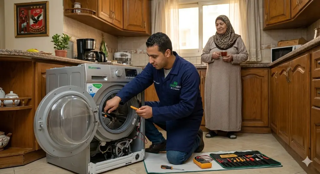 صورة توضيحية حول فنى صيانة يونيون اير القليوبية يقوم بتنفيذ اعمال اصلاح لغسالة ملابس يونيون اير