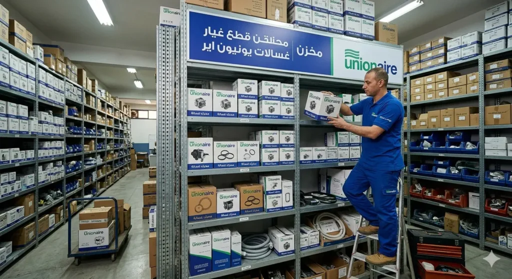 صورة توضح عامل مخازن قطع غيار الغسالاتن يقوم بترصيص قطع الغيار على الارفف