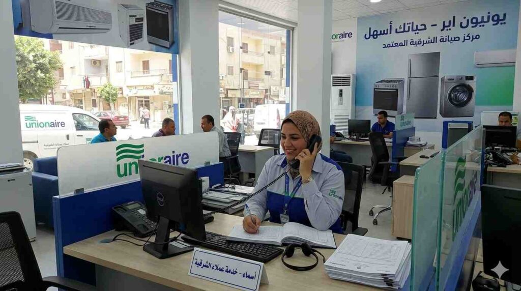صورة توضيحية حول موظفة خدمة العملاء تقدم افضل الحلول لمشاكل اجهزة يونيون اير داخل الكول سنتر