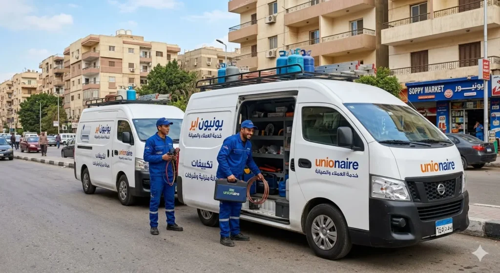 فنيين صيانة اعطال التكييفات بجوار سيارات الشركة