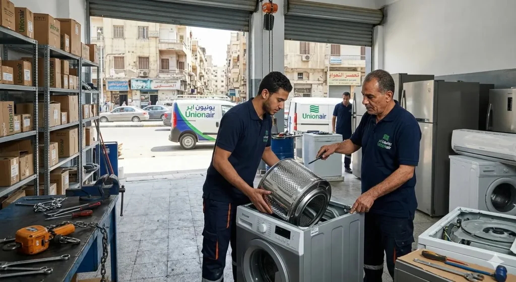 فني يقوم بتغيير حلة غسالة داخل مركز الصيانة