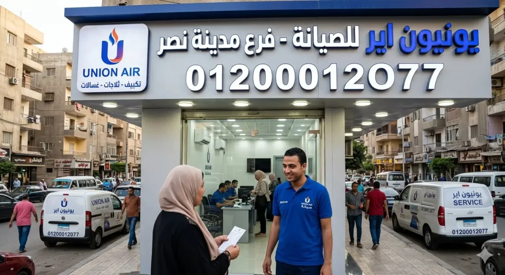 صروة توضح موظف خدمة العملاء يقف مع عميل امام الشركة