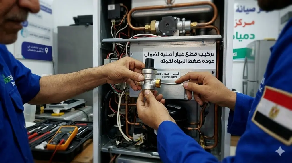 صورة توضيحية حول اثنين من فنيين صيانة السخانات يقومون بفحص سخان مياة