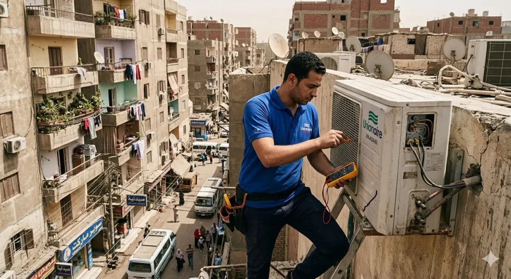 صورة توضح فني صيانة تكييفات يقوم بفحص الوحدة الخارجية للتكيف الاسبليت