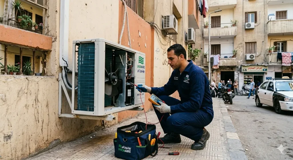 صورة توضح فني صيانة التكييفات يقوم بفحص الوحدة الخارجية لتكييف