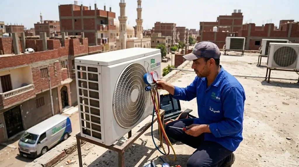 صورة توضح فني صيانة التكييفات يقوم بفحص ضغط الفريون للوحدة الخارجية وهو ممسك بعداد الشحن