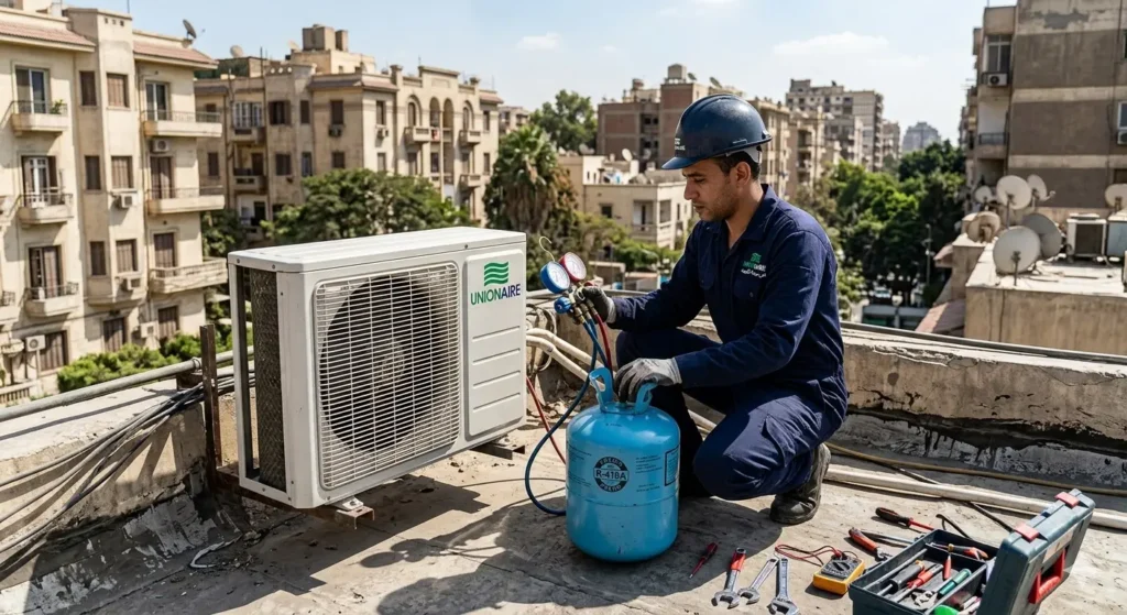 صورة توضح فني تكييفات يونيون اير بشحن الفريون لوحدة خارجية مثبتة على سطح مبنى سكني. وتظهر في الخلفية المباني المميزة لحي مصر الجديدة في وضح النهار.