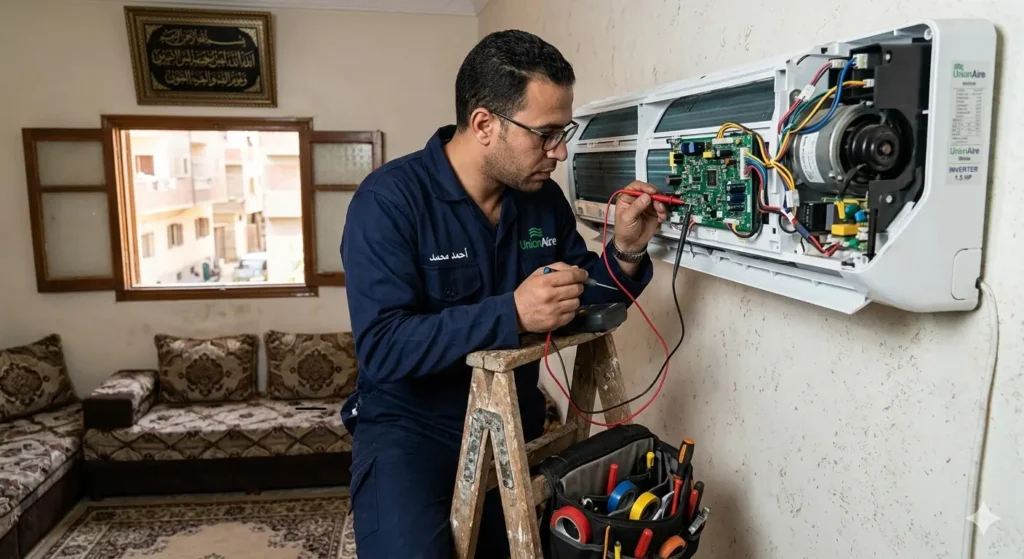 صورة توضح فني صيانة التكييفات يقوم بفحص كارتة تكييف الوحدة الداخلية، بمنزل العميل