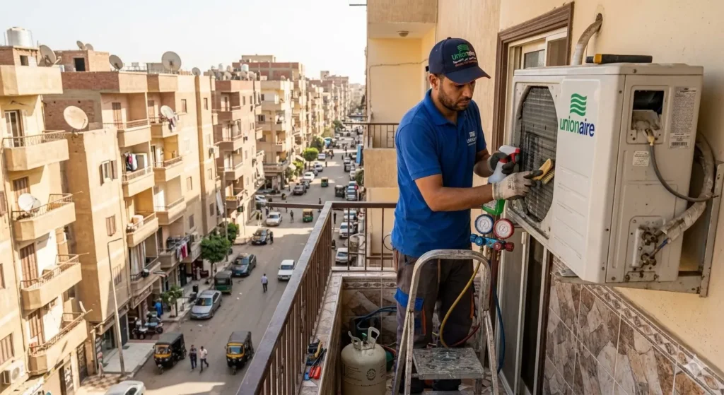 صورة توضيحية حول فني صيانة تكييفات يقوم بضبط شحن فريون تكييف يونيون اير في شرفة منزل بالدقهلية