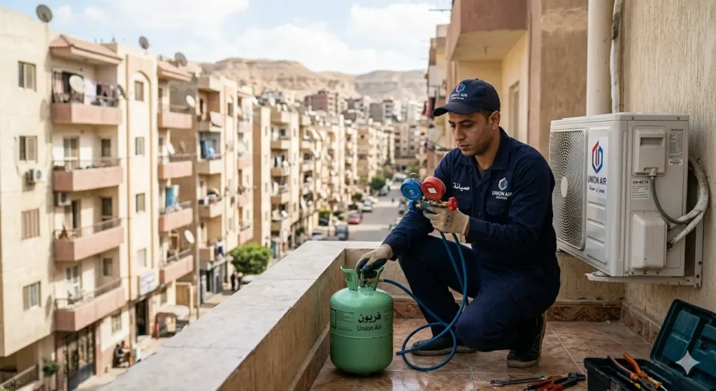 صورة توضح فني صيانة التكييفات يقوم بصيانة تكييف والكشف على ضغط الفريون