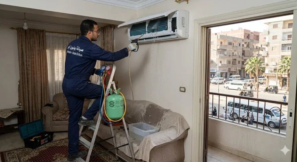 صورة توضيحية حول فني صيانة تكييفات يقوم بصانة تكييف  بمنزل عميل في مدينة شبين الكوم