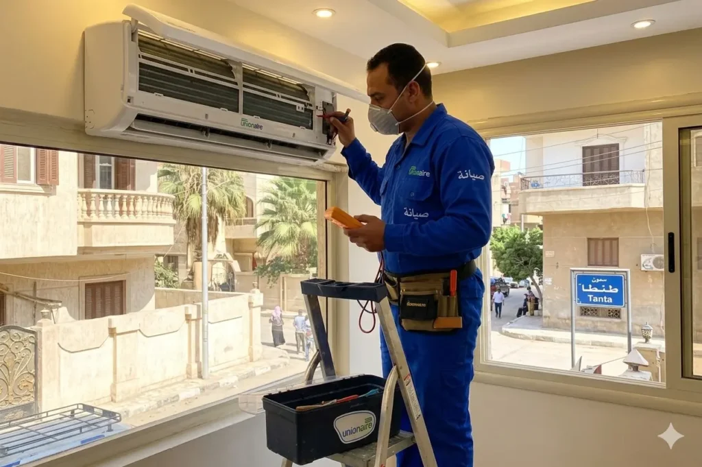 صورة توضح فني صيانة التكييفات يقوم بفحص الوحدة الداخلية لتكييف يونيون اير بمنزل عميل بطنطا.
