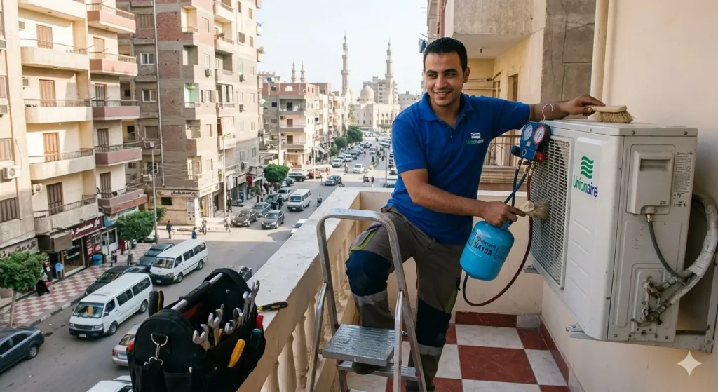 صورة توضح الفني يرتدي قميص الشركة ويقوم بشحن الفريون بوضوح على شرفة منزلية. الخلفية العمرانية، بما فيها المآذن والمباني،