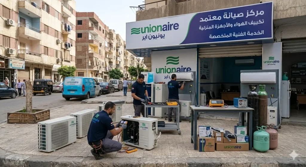 مركز صيانة تكييف يونيون اير مع مجموعة من الفنيين يقومون باعمال الاصلاح