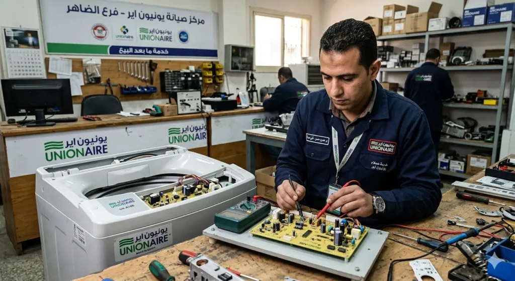 صورة توضيحية حول فني صيانة يقوم بفحص كارتة غسالة بمعدات الفحص الالكترونية