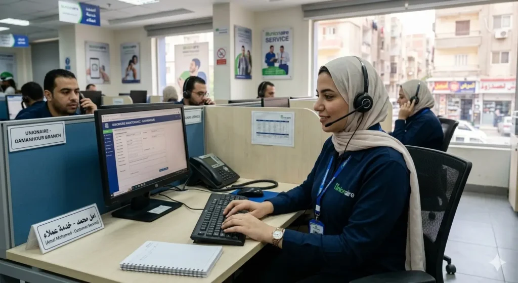 صورة توضيحية حول موظفة خدمة العملاء تقوم بالرد على اتصالات العملاء
