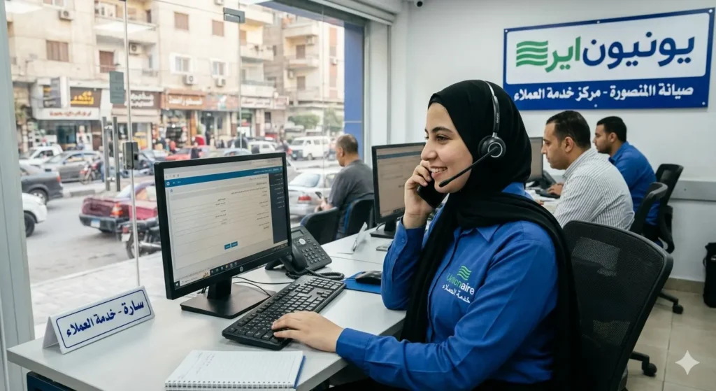 صورة توضيحية حول موظفة خدمة العملاء تقوم بالرد على العملاء وتسجل بلاغات الصيانة على الكمبيوتر