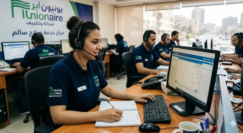 صورة توضح موظفة خدمة العملاء تتلقى بلاغات الاعطال على رقم تليفون يونيون اير بصلاح سالم