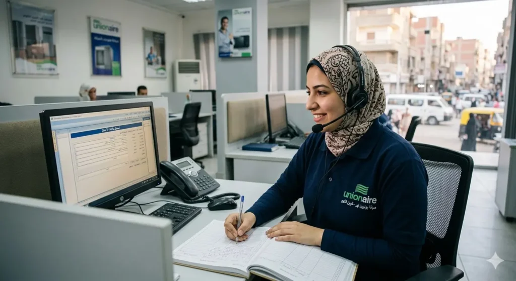 صورة توضيحية حول موظفة خدمة العملاء تتلقى بلاغات الاعطال والشكاوى