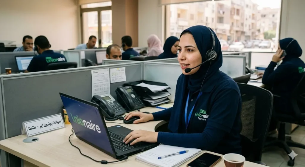 تظهر الموظفة مرتدية سماعة الرأس وزي الشركة، وهي تبتسم أثناء العمل في مكتب خدمة عملاء مضاء جيداً. تم الالتزام بعدم إضافة هواتف، ويوجد يافطة صغيرة على المكتب مع خلفية مدينة واضحة