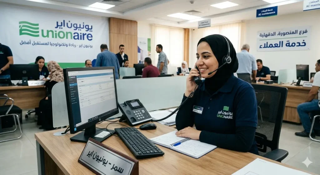 موظفة خدمة عملاء يونيون اير تقوم بالرد على العملاء بفرع ميت غمر