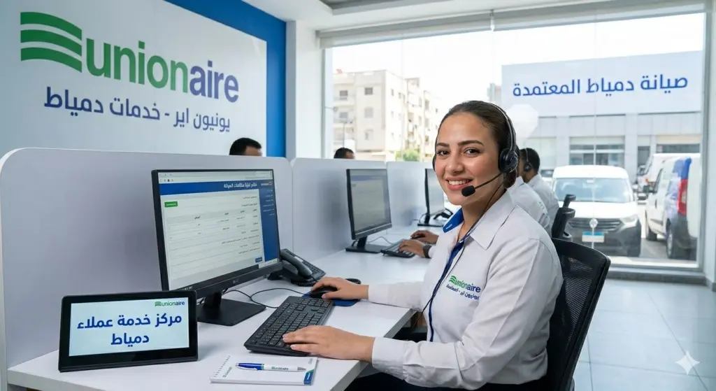 صورة توضيحية حول موظفة خدمة عملاء يونيون اير دمياط تقوم بتسجي البلاغات على الكمبيوتر