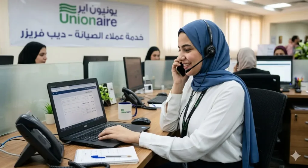 خدمة عملاء الديب فريزر، موظفة تجيب على العملاء وتقوم بتسجيل بلاغات الصيانة