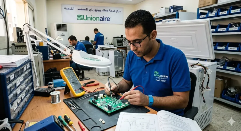 مهندس صيانة الكترونيات يقوم بفحص لوحة تحكم الكترونية