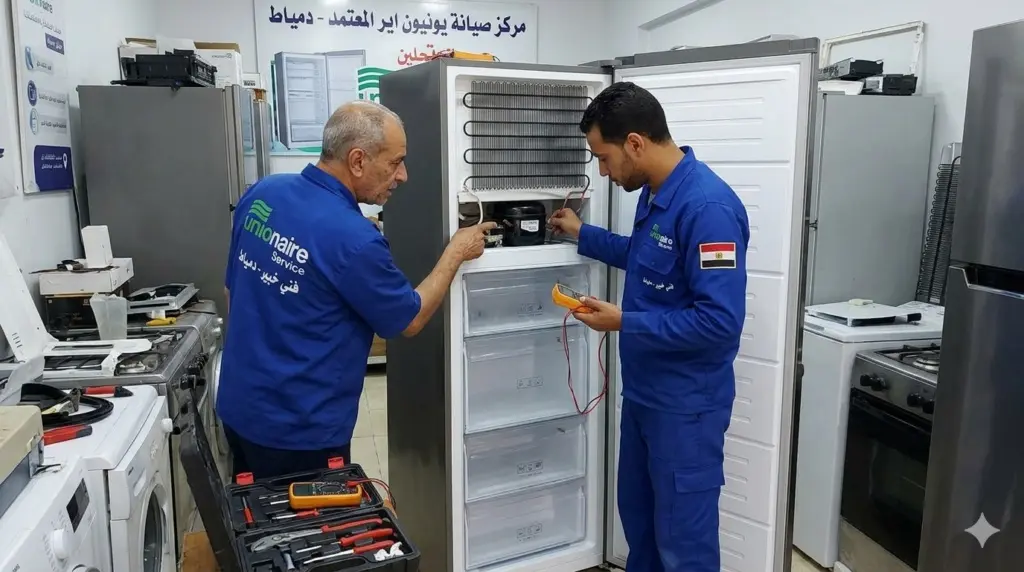 صورة توضيحية حول فنيين صيانة ثلاجات يقومون بفحص ثلاجة