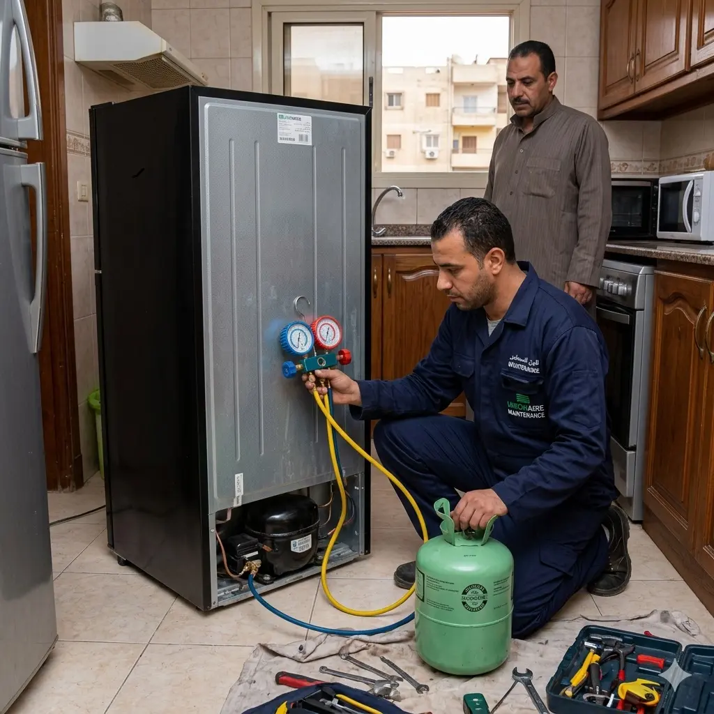 صورة توضح فني صيانة الديب فريزر يقوم بشحن فريون ديب فريزر يونيون اير بمنزل العميل، العميل يقف في الخلفية