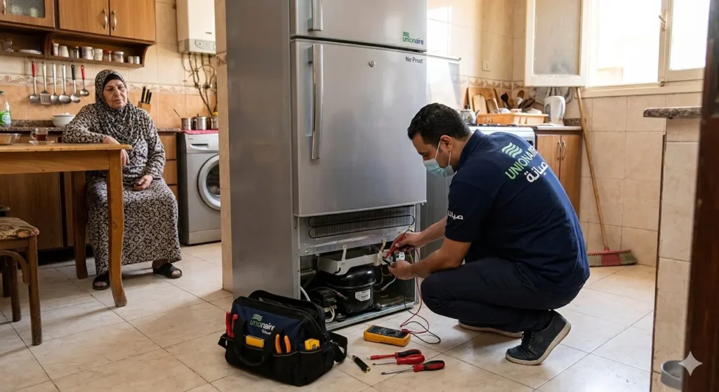 صورة توضح فني صيانة الديب فريزر يقوم بفحص ريلاي الكمبروسرن في منزل العميل والعميل يجلس في الخلفية