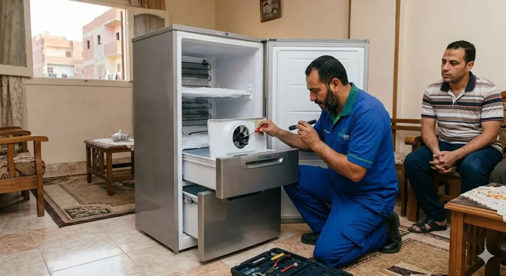 صورة توضح فني صيانة الديب فريزر يقوم بفحص فريزر ادراج نوفروست